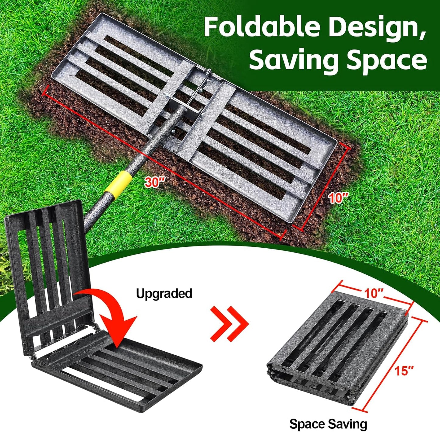 Lawn Leveling Rake 30”x10” Large Heavy Duty Metal Lawn Leveler with 65” Long Adjustable Handle Proffesional Yard Leveling Rake for Soil Dirt Sand Compost Efficient Folding Lawn Leveling Tool