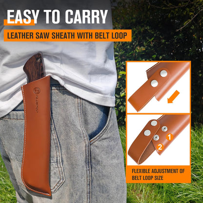 7" Professional Folding Hand Saw - SK5 High Carbon Steel Blade, Ergonomic Wenge Wood Handle, Leather Sheath | Survival Saw for Camping, Bushcraft, Pruning & Tree Trimming with Secure Lock