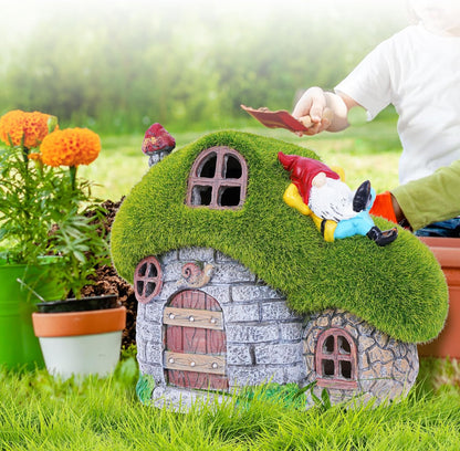 ILLUMINEW House Garden Statues with Solar Lights, LED Cute Flocked Fairy House with Gnomes Garden Figurine, Outdoor Patio Yard Lawn Decorations Gift