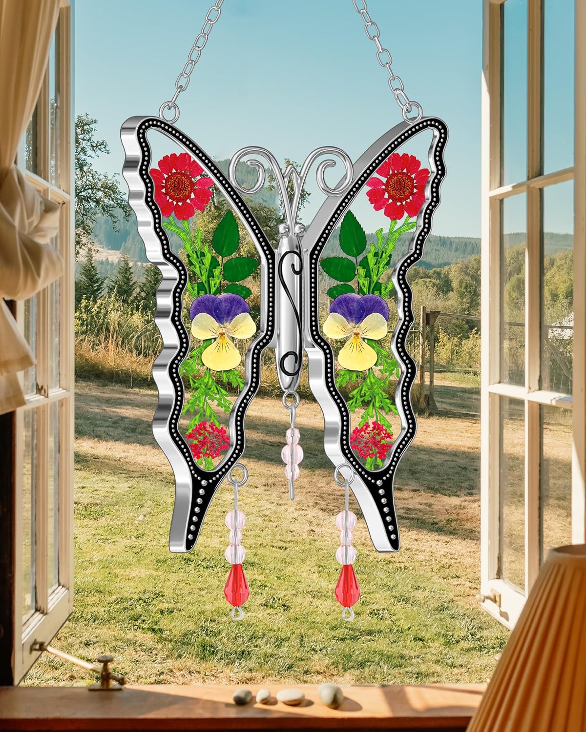KY&BOSAM Butterfly Suncatcher for Window Hanging DIY Mom Gift Ornament Pressed Flower Between Wings Glass Metal Engraved No Charm Gift for Mom Mother's Day Valentine's Birthday Thanksgiving Christmas