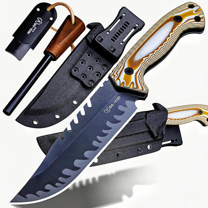 BA-KOR 12.4in Full Tang Fixed Blade Hunting Knife – 6mm 9CR18MoV Steel, G10 Handle, Stonewashed Sawback Blade with Kydex Sheath & Fire Starter for Outdoor, Camping, Survival (White and brown stripes)