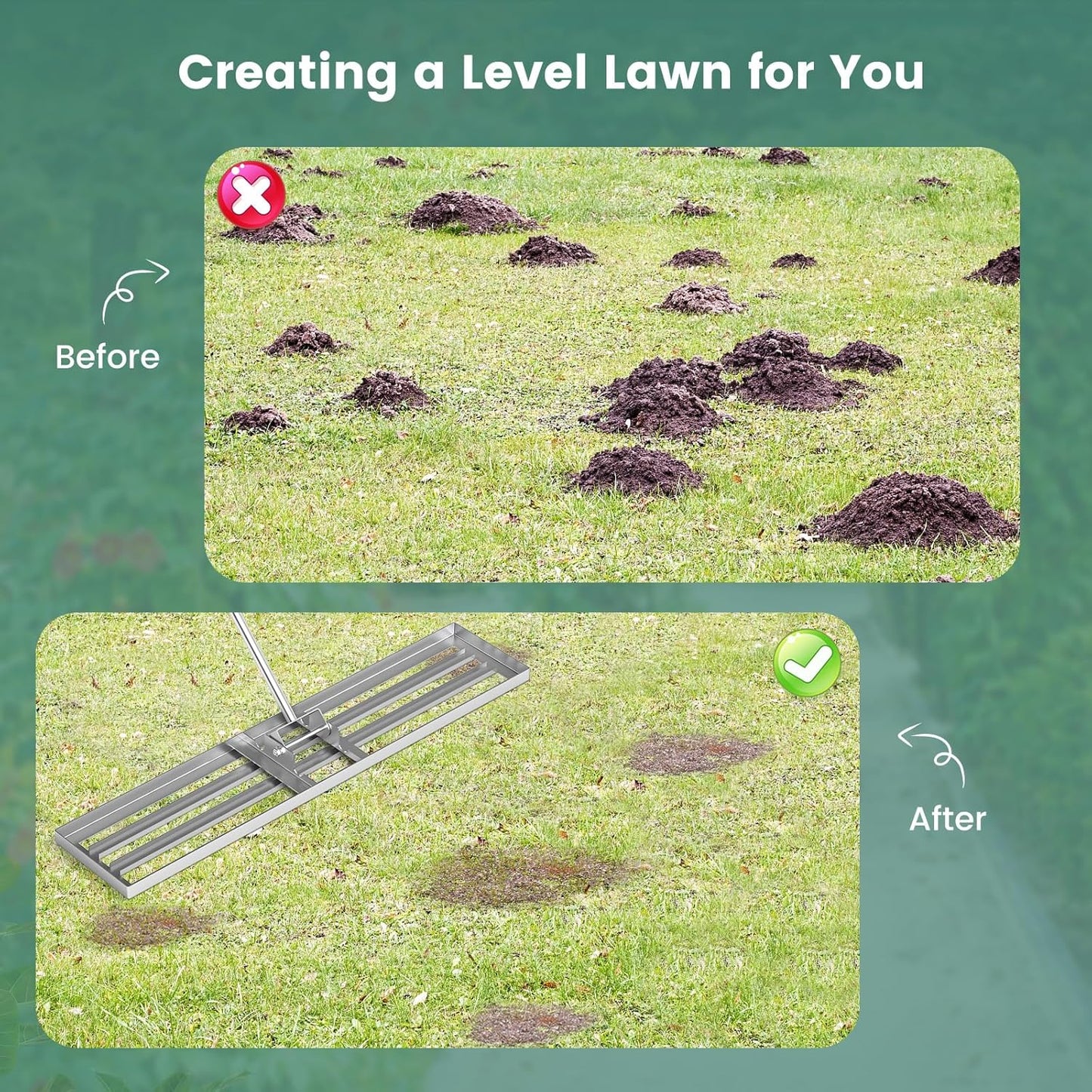 Goplus Lawn Leveling Rake, 46" x 10" Heavy Duty Level Lawn Tool w/ Ergonomic Handle for Soil, Effort-Saving Landscape Rake for Garden, Backyard, Golf Course, Farm, Pasture, Silver