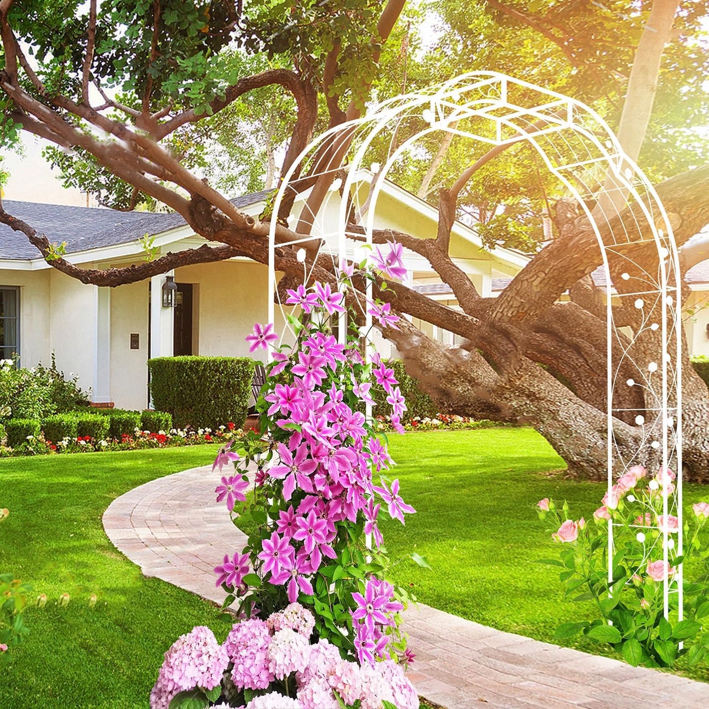 Metal Garden Arch W74.4'' x H98.4'' Garden Arbor Trellis Climbing Plants Support Rose Arch Outdoor Arch Cream White