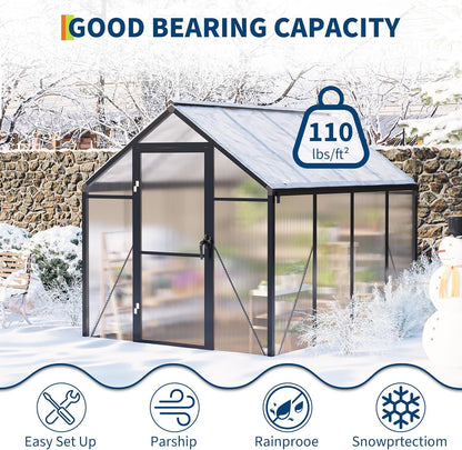 6 x 8 ft Greenhouse, Greenhouses for Outside, Polycarbonate Greenhouse with Aluminum Frame, Lockable Door and Ajustable Roof Vent for Backyard, Green Houses for Outside Garden Backyard, Patio