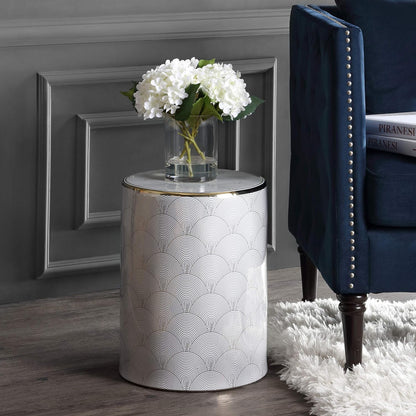 JONATHAN Y TBL1001A Fish Scale 17" Modern Ceramic Indoor/Outdoor Garden Stool, Coastal, Contemporary, Transitional, Side Table, Plant Stand, Spill-Proof, Living Room, Garden Room, Patio, White/Gold