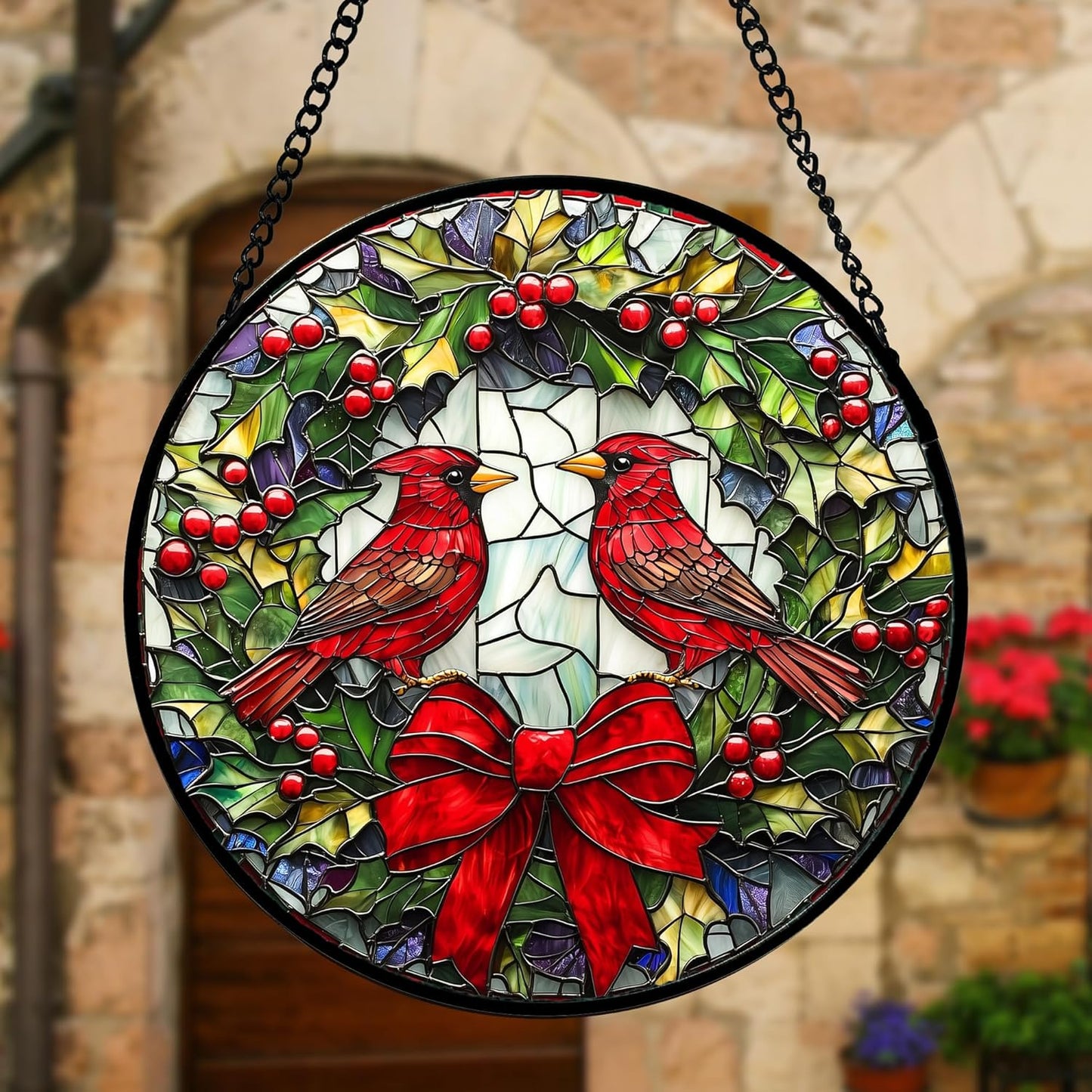 Stained Glass Window Hanging - Cardinals Green Wreath Suncatcher for Doors Home Christmas Decoration Red Bird Sun Catcher Thanksgiving New Year Birthday Gift for Women Men Mom Nana 7.8 in