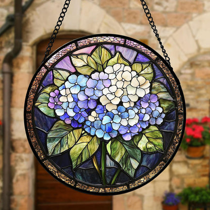 Stained Glass Window Hanging, Hydrangea Flowers Sun Catchers Diamond Glass Panel Hangings Plant Suncatcher Decor for Birthday for Women, Men, Wife, Aunt, and Mom 7.8 in
