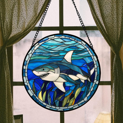 Stained Glass Suncatcher, Blue Ocean Big Shark Sun Catcher Waterweed Stain Glass Window Hanging Decoration Mother's Day Birthday Gifts for Women Men Mom Nana 11.8 in