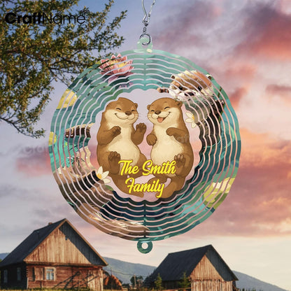 Personalized Otter Couple Wind Spinner 3D Stainless Steel, Otter Garden Spinner Hanging Outdoor Decor, Wind Spinners Outdoor, Custom Gift for Grandmother, Mom, Wife
