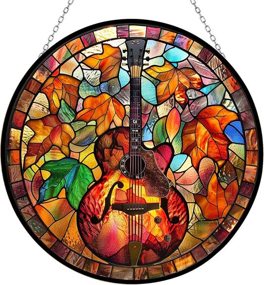 Thanksgiving Guitar Stained Glass Window Hanging, Stained Glass Window Decor Suncatcher for Women