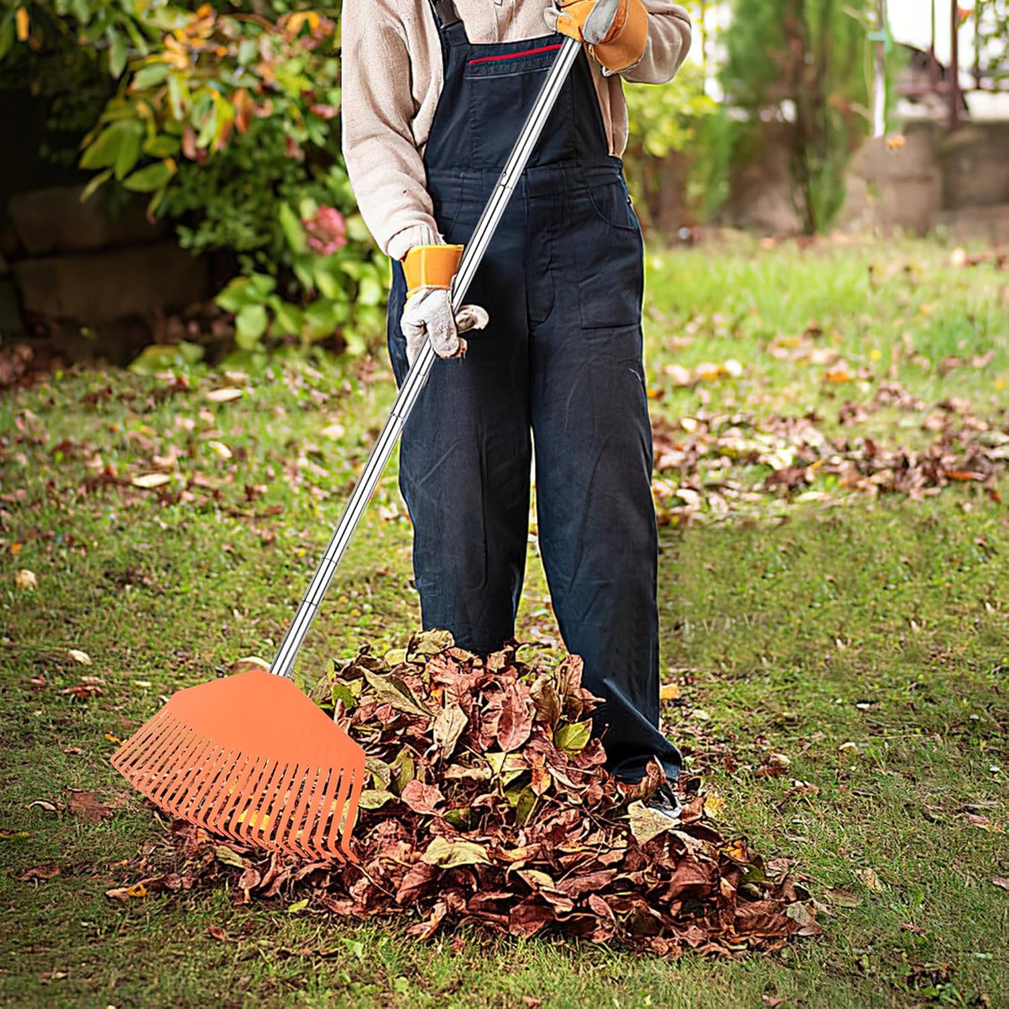 Leaf Rake16.5 Wide Adjustable Handle Leaf Rake - Plastic Head, Lightweight, Soft & Lawn-Friendly - Ideal for Women & Kids - Orange