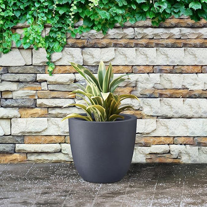 Kante 14 Inch Dia Round Concrete Planter, Indoor Outdoor Large Plant Pot with Drainage Hole and Rubber Plug for Home Patio Garden, Charcoal