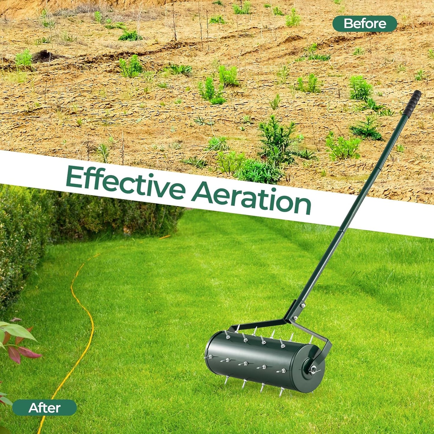 S AFSTAR 18" Manual Lawn Aerator, Heavy Duty Rolling Aerator Lawn Tool Filled Sand Stone with 51" Detachable Handle & Tine Spikes for Soil Loosening, Push Grass Aeration for Garden Yard