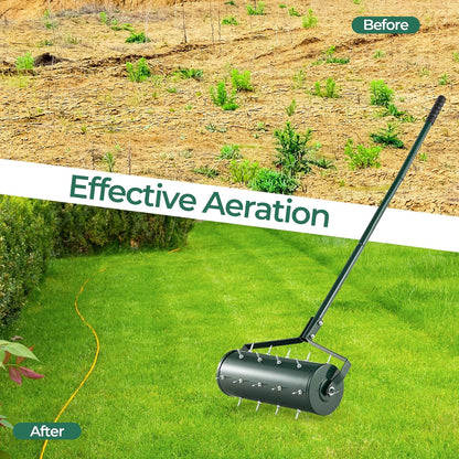 S AFSTAR 18" Manual Lawn Aerator, Heavy Duty Rolling Aerator Lawn Tool Filled Sand Stone with 51" Detachable Handle & Tine Spikes for Soil Loosening, Push Grass Aeration for Garden Yard