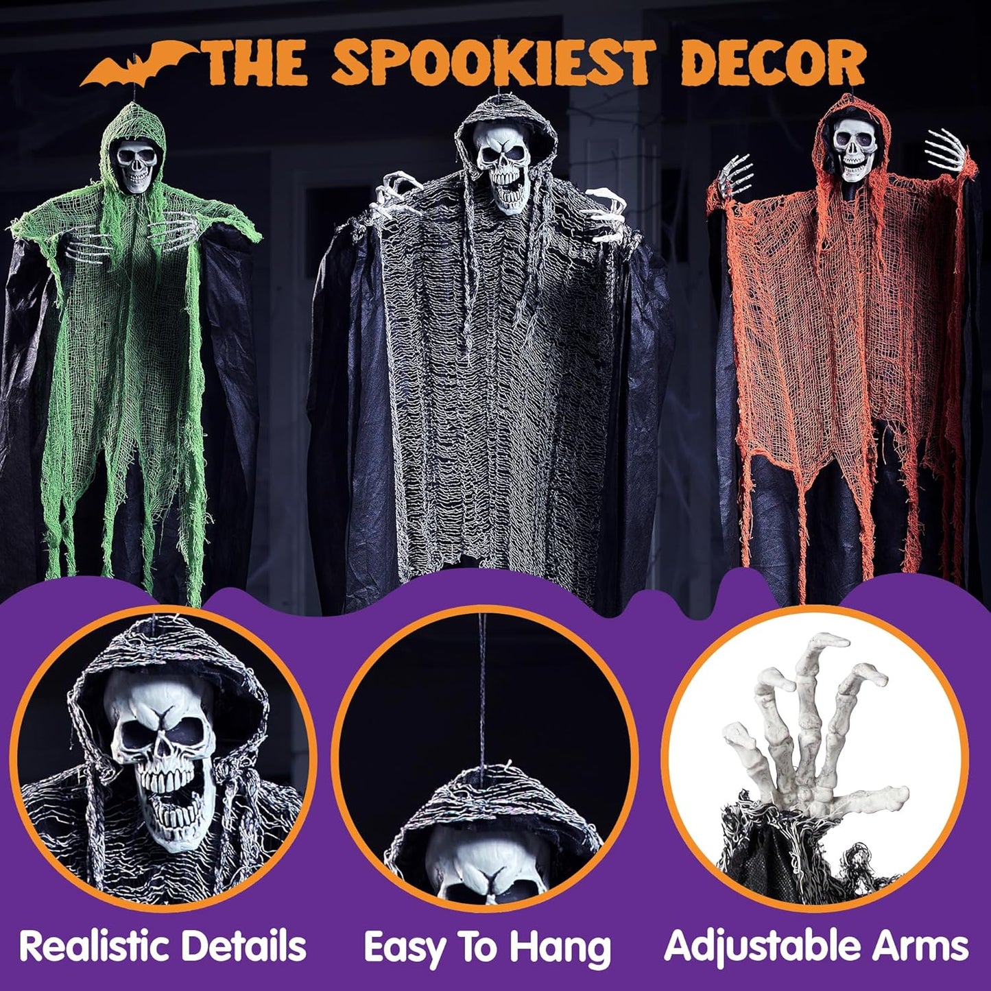 JOYIN 3 Pcs Halloween Hanging Grim Reapers, one 63” Two 47” Grim Reapers, Halloween Skeleton Outdoor Decoration Flying Ghost for Haunted Haunted House Prop, Party Supplies Decor