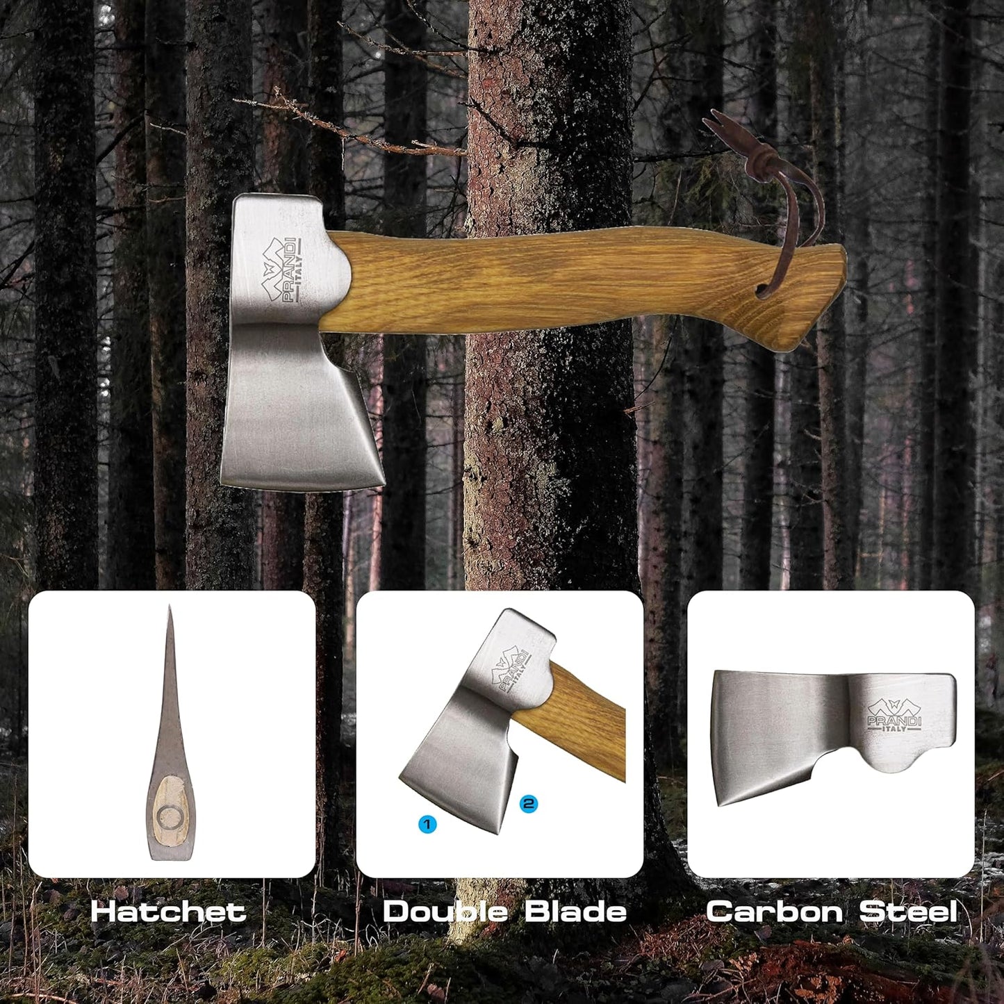 Prandi Segurin Hatchet 88 lb - Hickory Handle 11 in with Leather String - Ideal for Camping, Travel and Bushcraft - Made in Italy