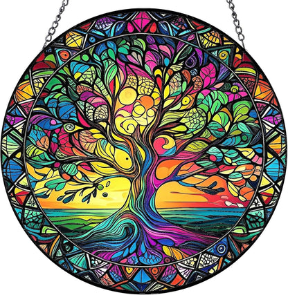 Tree of Life Suncatchers Stained Glass for Windows Hanging - 8'' Sun Catchers Indoor Window - UV-Print Stain Glass Window Hanging for Home Decor, Wall Art, Gifts for Mom