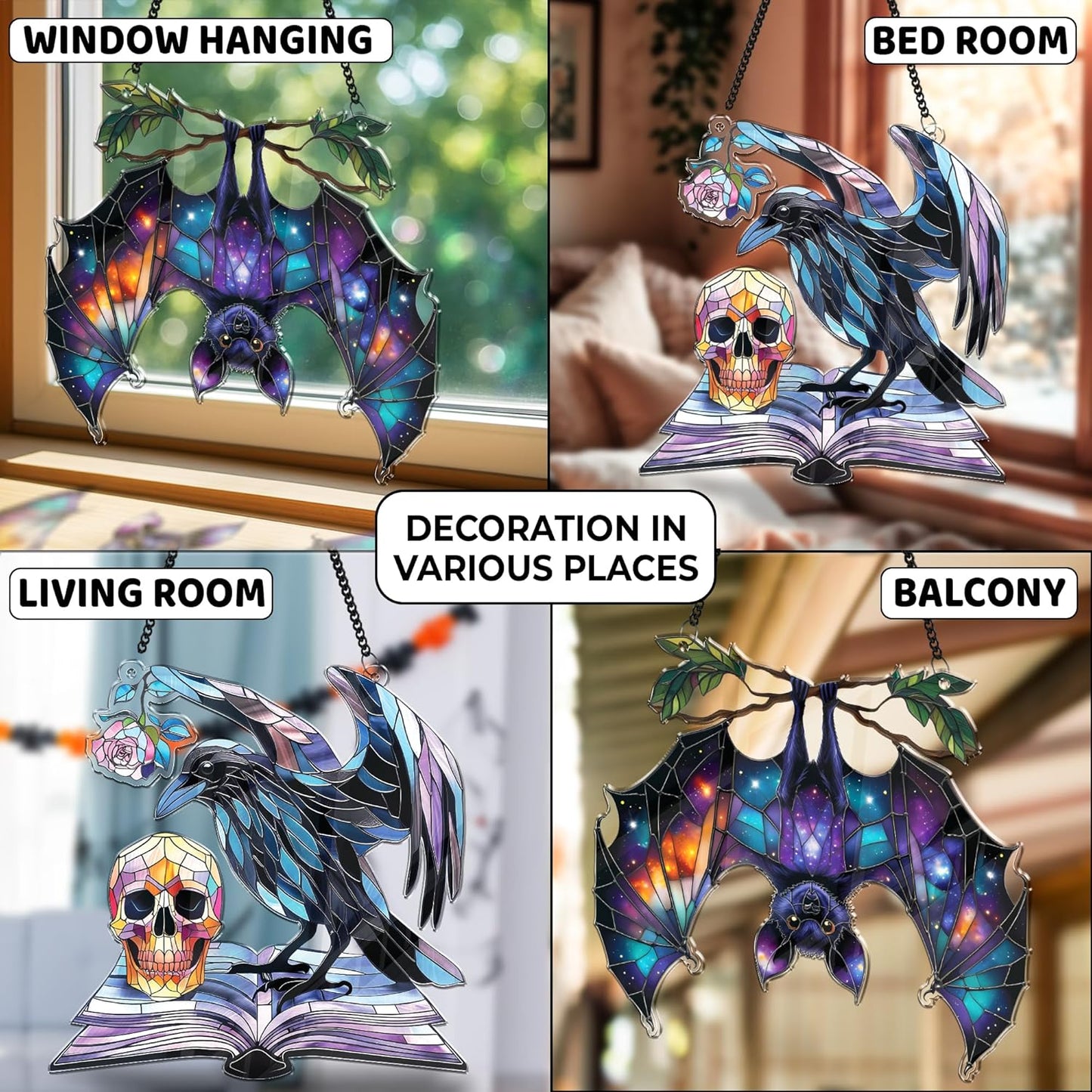 2 Halloween Decorations Bat Raven Acrylic Suncatchers, Window Hanging Bat Gothic Decor, Spooky Raven Halloween Ornament Gifts, Idea Gifts Holiday Keepsake, Scary Home Indoor Outdoor Display SS344