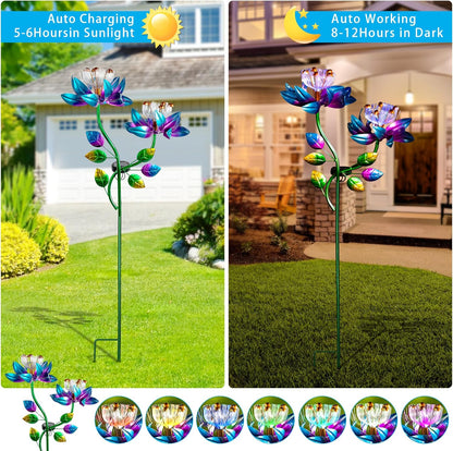 55'' Solar Powered Kinetic Wind Spinner Sculpture Blue Lotus Metal Stake Spinner for Patio, Lawn and Garden Decor Weather-Resistant Outdoor Art with Dual Lotus Design