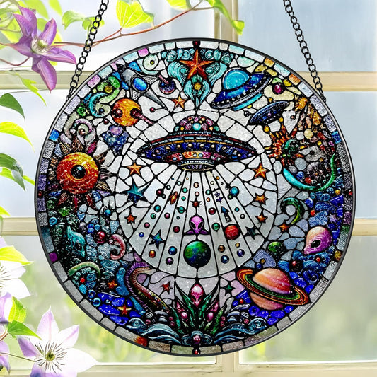 Stained Glass Window Hanging, LAOWEIKI 8'' UFO&Alien Suncatcher, Stained Glass Ornament