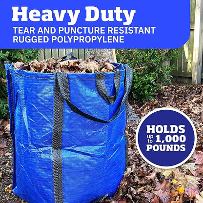 DURASACK Heavy Duty Home and Yard Waste Bag 48-Gallon Woven Polypropylene, Reusable Lawn and Leaf Garden Bag with Reinforced Carry Handles, Pop-Up Self-Standing Garbage Can, Blue, Pack of 3