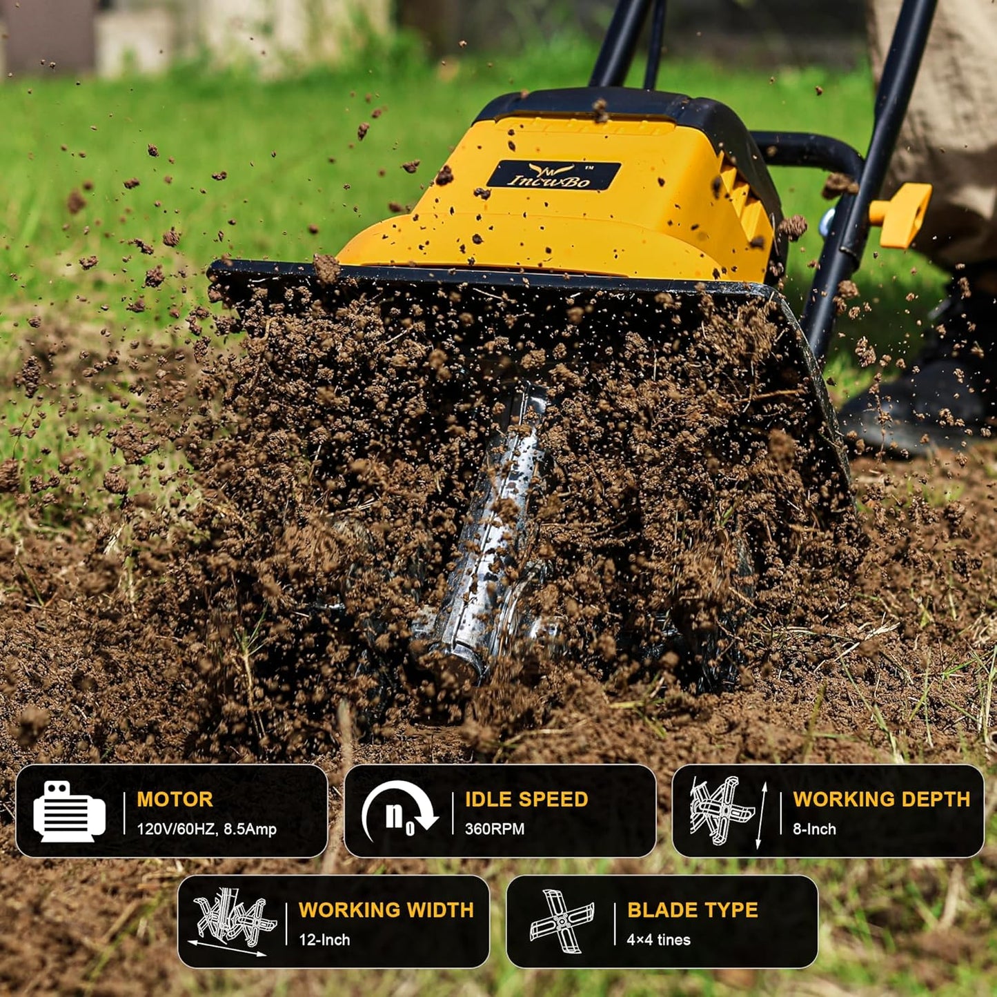 8.5AMP 12Inch Corded Tiller Cultivator 8-inch Depth Rototillers for Gardening, 360RPM Electric Garden Tiller with LT-201D Socket