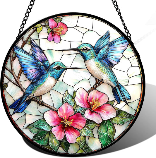Stained Glass Window Hanging - Blue White Hummingbirds Pink Flowers Suncatcher for Door Terrace