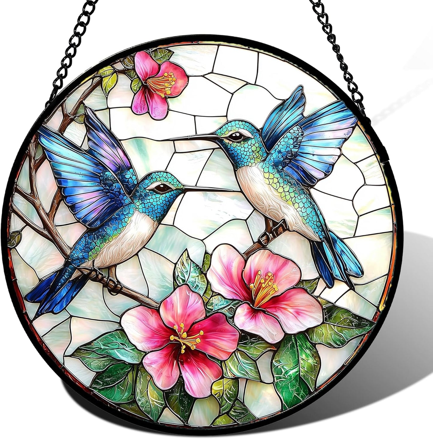 Stained Glass Window Hanging - Blue White Hummingbirds Pink Flowers Suncatcher for Door Terrace Garden Home Decor Bird Sun Catcher Birthday Gifts for Lovers Women Men Dad Mom Nana 9.8 in