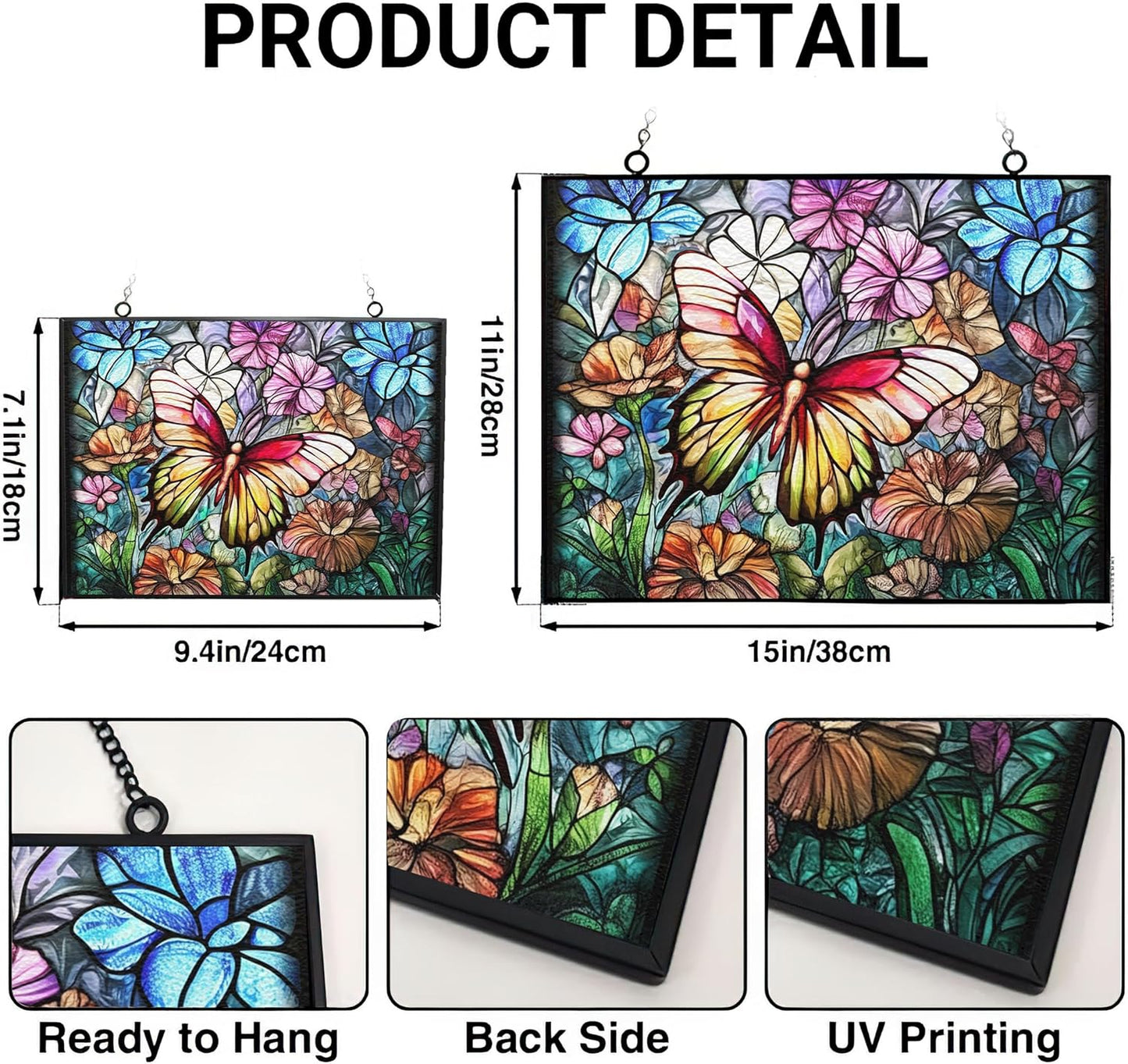 Rectangle Butterfly Suncatchers for Windows, Stained Glass Window Hangings,Hand-Painted Glass Panel Perfect for Home Décor