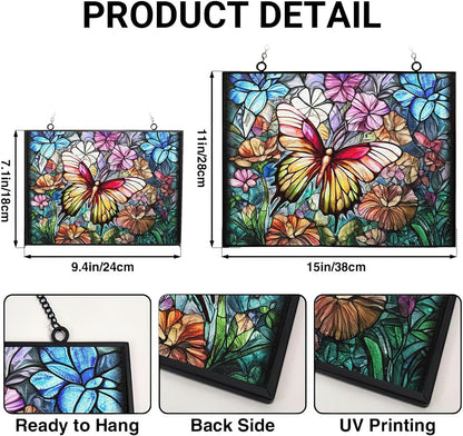 Rectangle Butterfly Suncatchers for Windows, Stained Glass Window Hangings,Hand-Painted Glass Panel Perfect for Home Décor