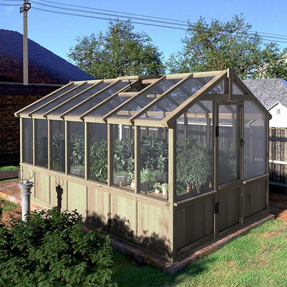 BlueWish 8x14FT Greenhouse, Greenhouses kit with Cedar Frame, Wood Greenhouse with Adjustable Vent, Lockable Door, Green House for Outside, Garden, Backyard,Light Brown Mocha