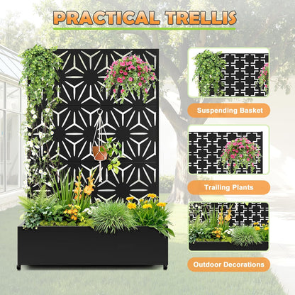 Metal Raised Garden Bed with Trellis, 2 in 1 Trellis with Planter Box & Privacy Screen for Climbing Plants, Vine, Outdoor Standing Flower Beds with Drainage Holes,47.2"L x 16.7"W x 70.8"H,(Black-Star)