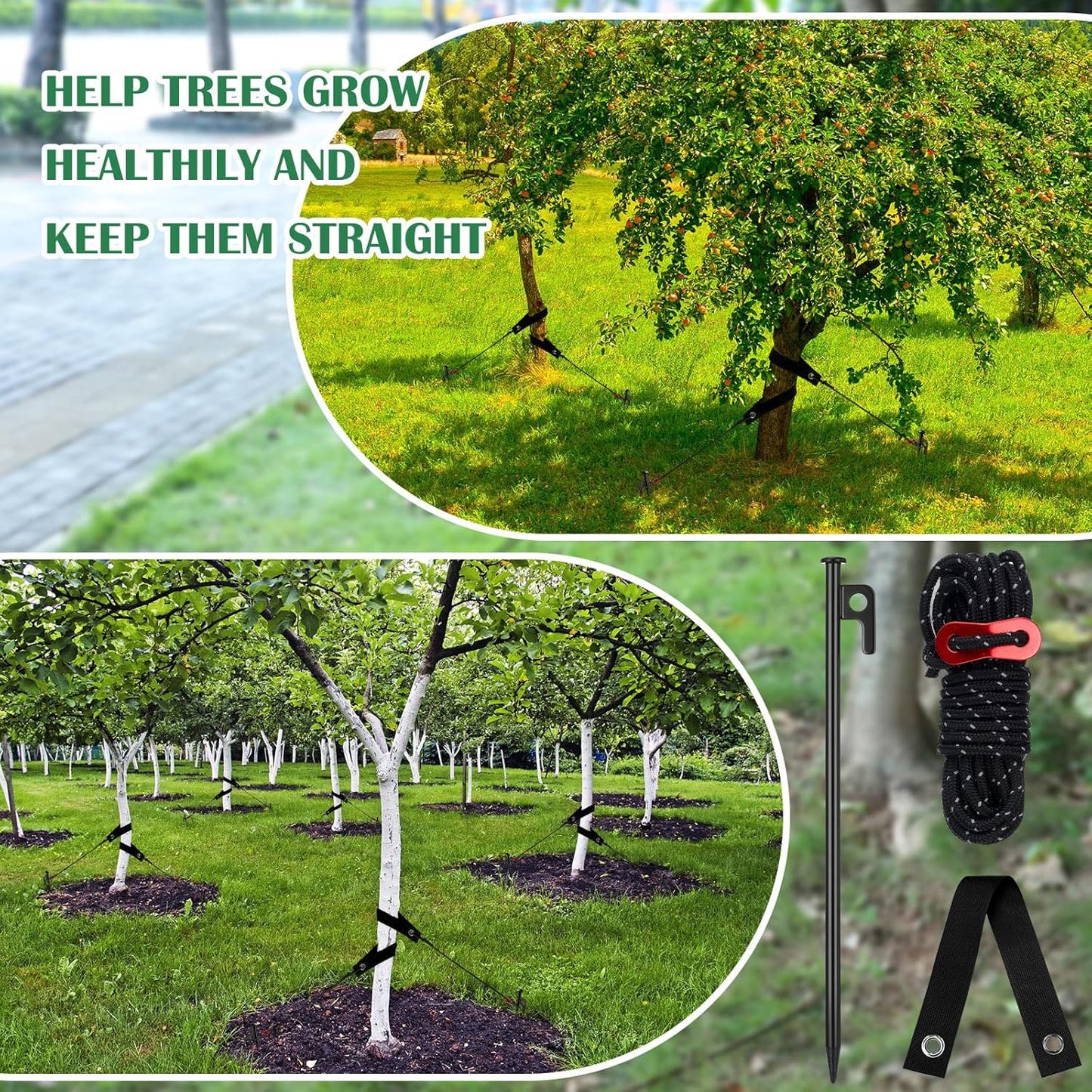 Sintuff 36 Pcs Heavy Duty Tree Stake Kits Stake and Support for Young Leaning Tree Anchor Straightening Kit, 15.8'' Support Straps, 11.8'' Steel Stakes, 13.12ft Rope(Black)
