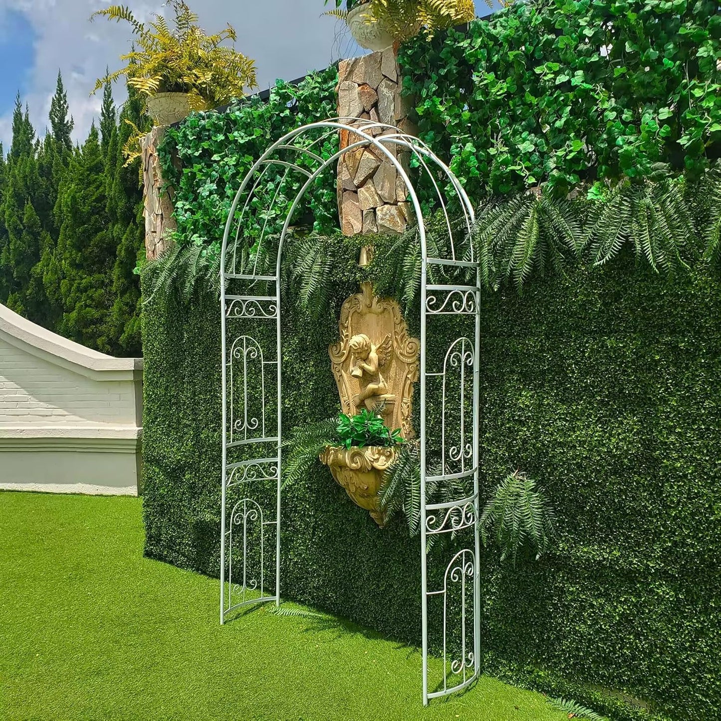 White Wedding Arch Garden Arbor Curved Metal Archway with Elegant Curve for Climbing Plants Roses Vines Garden Lawn Backyard Patio Wedding Outdoor Ceremony