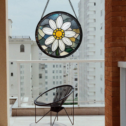 Stained Glass Window Hanging - Yellow White Daisy Birth Flower Suncatcher for Door Garden Yard Sun Catchers Decor Christmas Mother's Day Birthday Gifts for Teacher Women Mom Nana 6.3 in