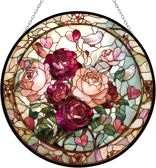 Valentine Blooming Roses Stained Glass Sun Catcher, Wall Hanging Colored Decor Room Indoor Window