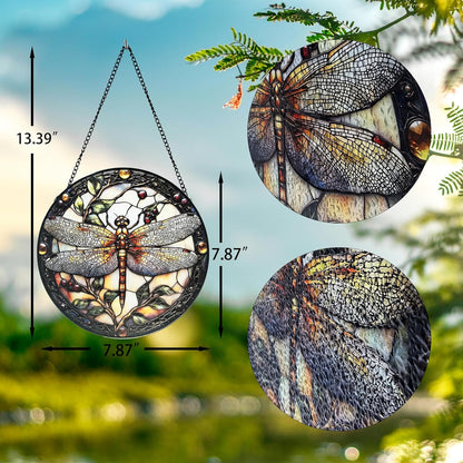 Stained Glass Window Hanging - Dragonfly Plant Suncatcher Ready to Hang Window Doors Home Decoration，7.9 inch