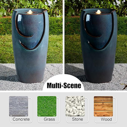 Glitzhome 29.25" H Oversized Ceramic Vase Outdoor Water Fountain Tall Patio Garden Water Fountain with LED Light and Submersible Pump Yard Art Decor, Turquoise