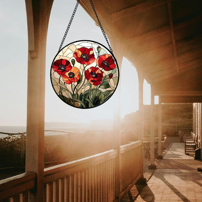 Stained Glass Window Hanging - Red Wildflowers Suncatcher for Door Garden Yard Flowers Sun Catchers Decor Christmas Mother's Day Birthday Gifts for Women Mom Nana Friend Men 9.8 in