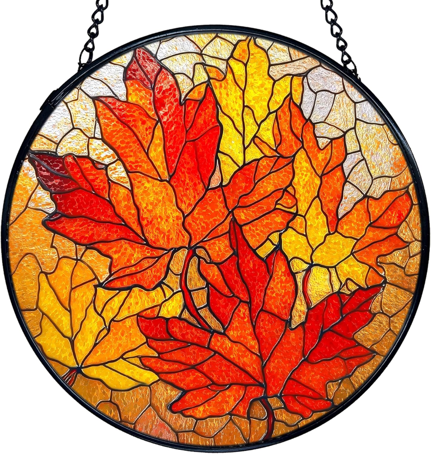 TNUW Fall Leaf Stained Glass Window Hanging, Rustic Autumn Maple Leaves Sun Catchers Indoor Window Glass Round Wall Art Decor, Fall Autumn Wall Hanging Decorations, 7.9＂x7.9＂