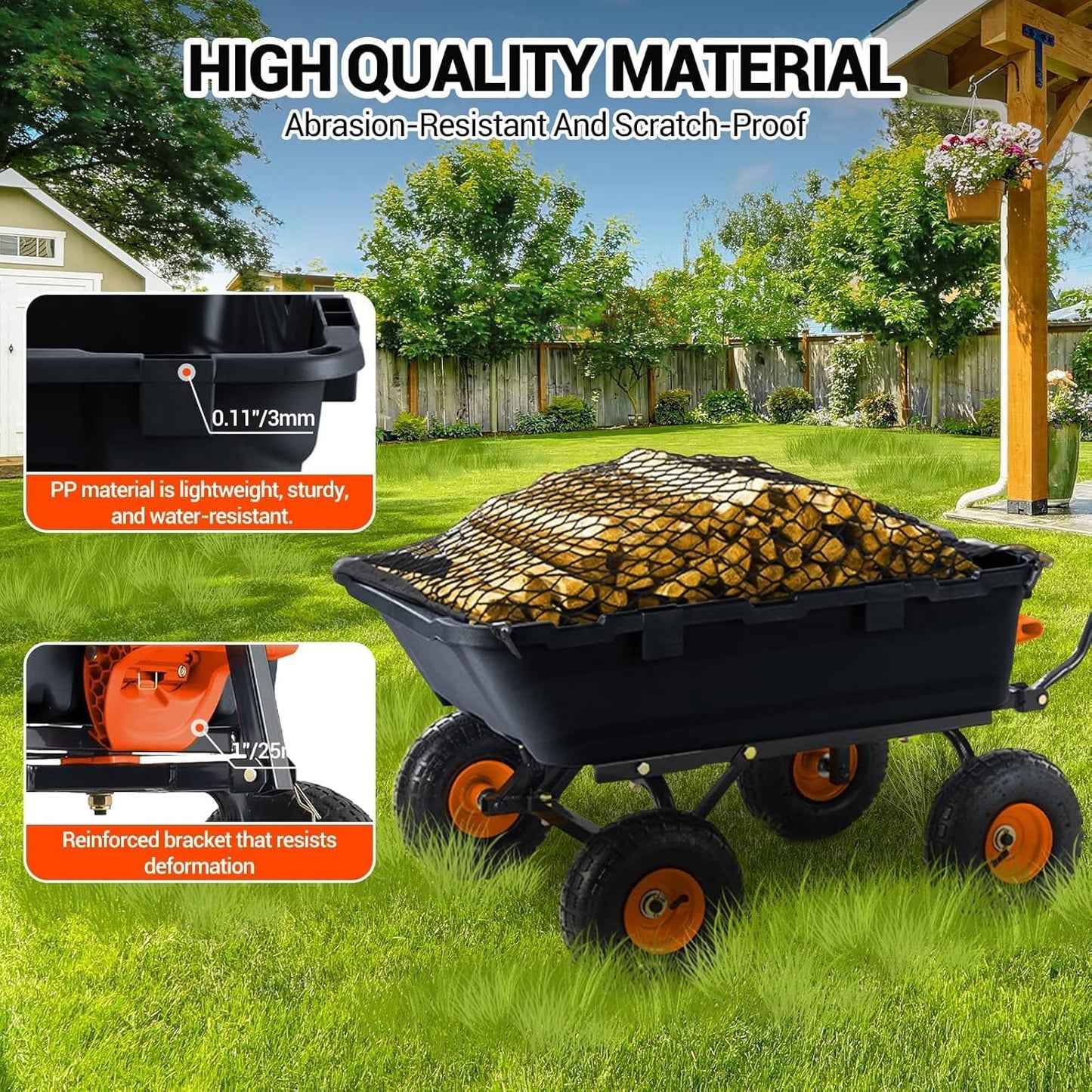 800Lb Heavy-Duty Poly Dump Garden Cart with Steel Frame, Utility Wagon with 10" Tires & Quick-Tilt System for Yard, Beach & Landscaping, Black
