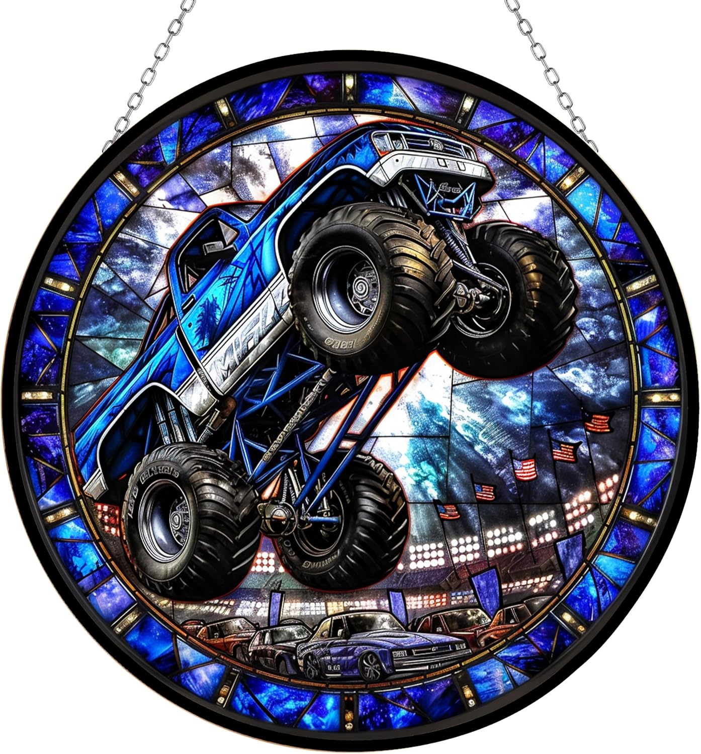 Monster Truck Stained Glass Window Hanging Window Suncatcher 12" Glass Panel with Metal Chain and Hooks Sun Catchers Indoor Wall Art Home Decor Gift for Women Mother's Day