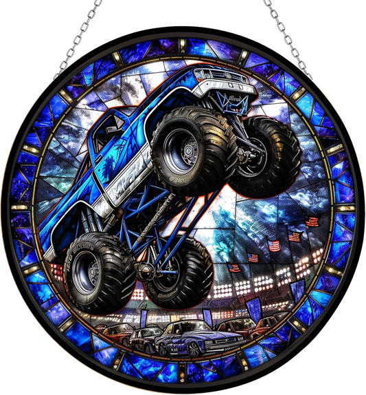 Monster Truck Stained Glass Window Hanging Window Suncatcher 12" Glass Panel with Metal Chain and Hooks Sun Catchers Indoor Wall Art Home Decor Gift for Women Mother's Day