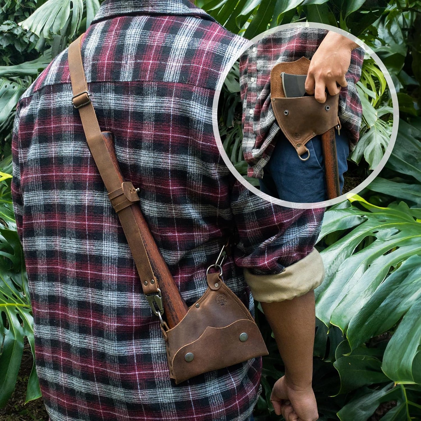 Axe Head Sheath with Shoulder Strap, Convertible Edge Protector, Riveted Carrier for Lumberjacks, Accessory for Tools, Home Improvement, Full Grain Leather, Handmade, Bourbon Brown