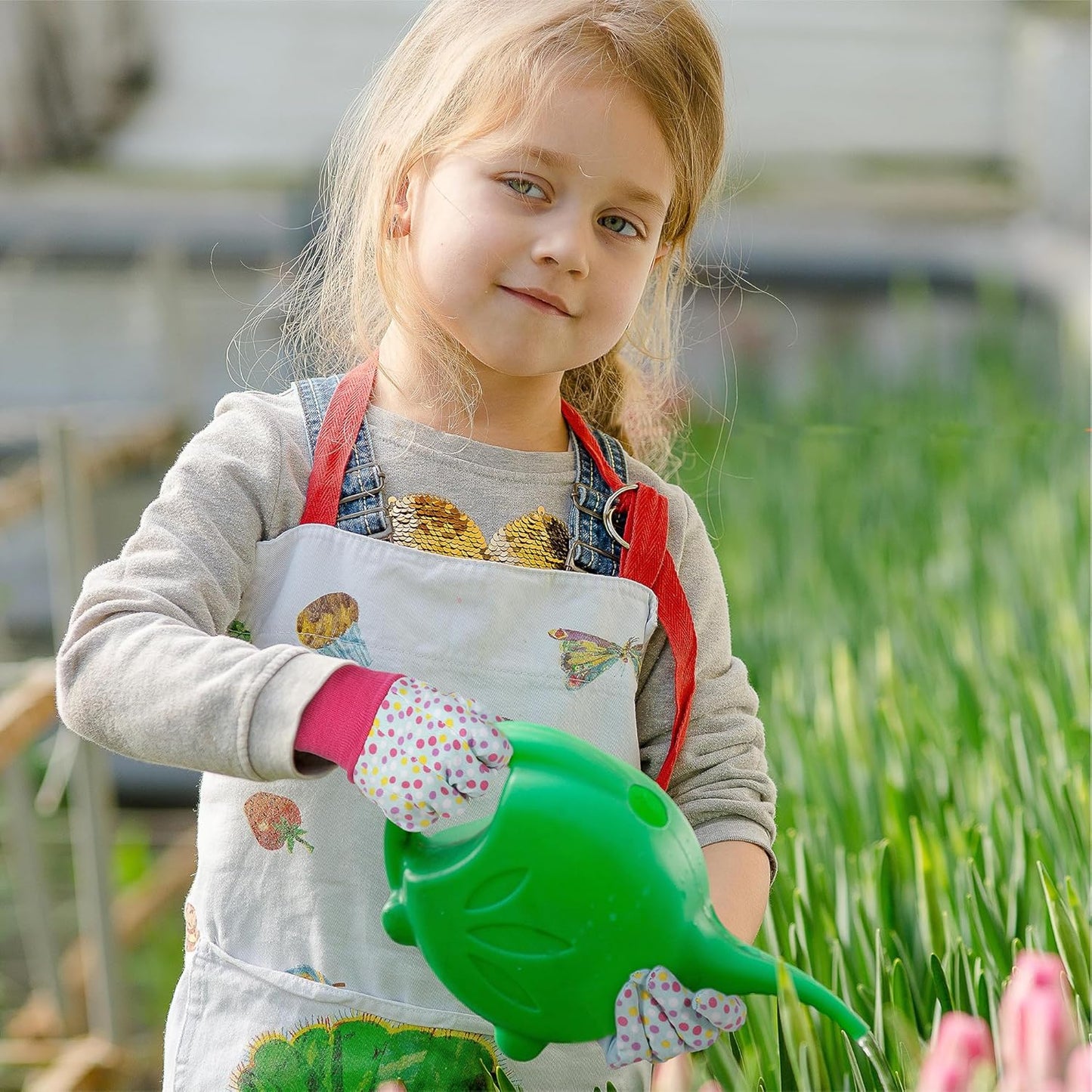 HANDLANDY 4 Pairs Kids Gardening Gloves, Girls Boys Children Garden Work Play Gloves (Pink Dot, Medium)