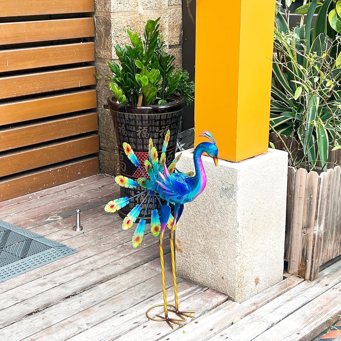 Decorative Metal Peacock Garden Statue, Iridescent Blue Purple Finish, Outdoor Lawn Ornament with Feather Display