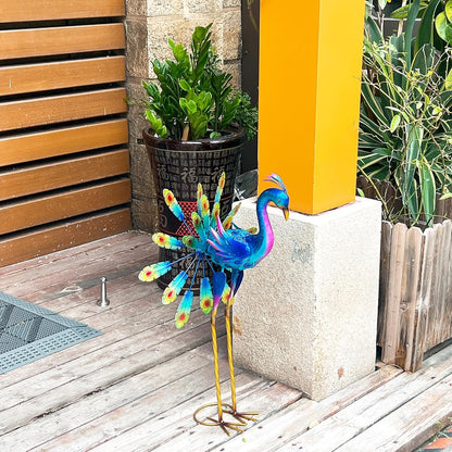 Decorative Metal Peacock Garden Statue, Iridescent Blue Purple Finish, Outdoor Lawn Ornament with Feather Display