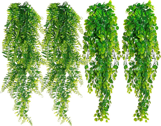 jiebor 4Pcs Fake Artificial Plastic Greenery Faux Hanging Plants Ferns Eucalyptus Vines for Bathroom Living Room Home Indoor Outdoor Office Wall Shelf Decor