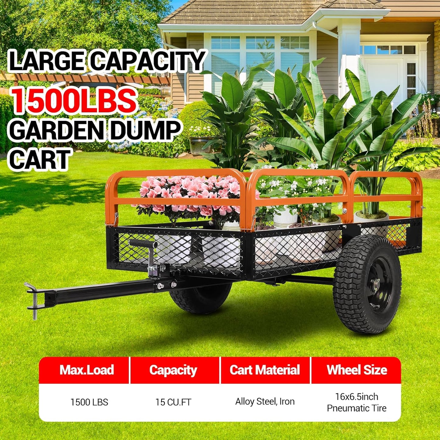 Heavy Duty ATV UTV Trailer Dump Cart 1600 Lbs Capacity 15 Cu Ft Tow Behind Steel Utility Trailer with Removable Sides and All-Terrain Tires for Garden Yard Farm Work Durable and Reliable