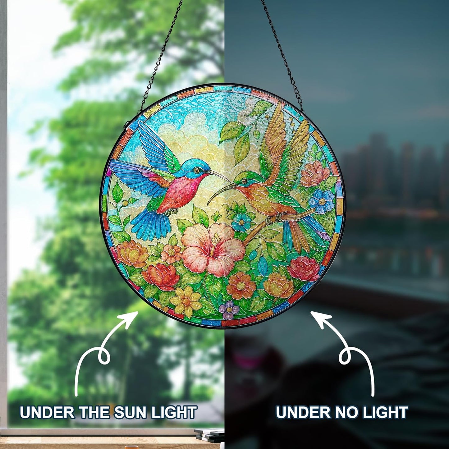Stained Glass Window Hanging, Hummingbirds Sun Catchers Stained Glass Panels for Indoor Windows Wall Art Decor, Birthday Gift for Mom Women Wife Men Lovers (7.87inch)